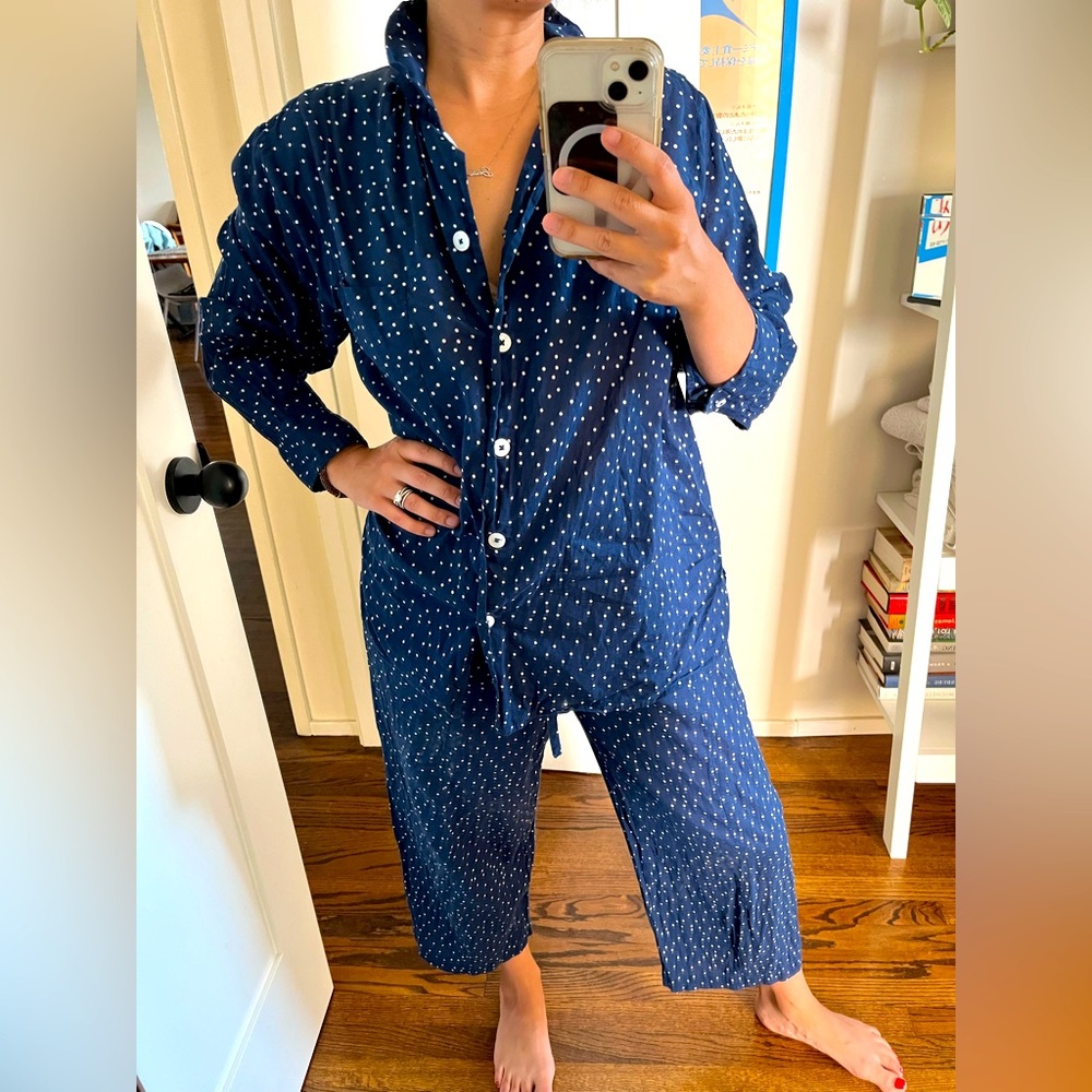 Hatch Maternity postpartum pajamas, blue with white polka dots